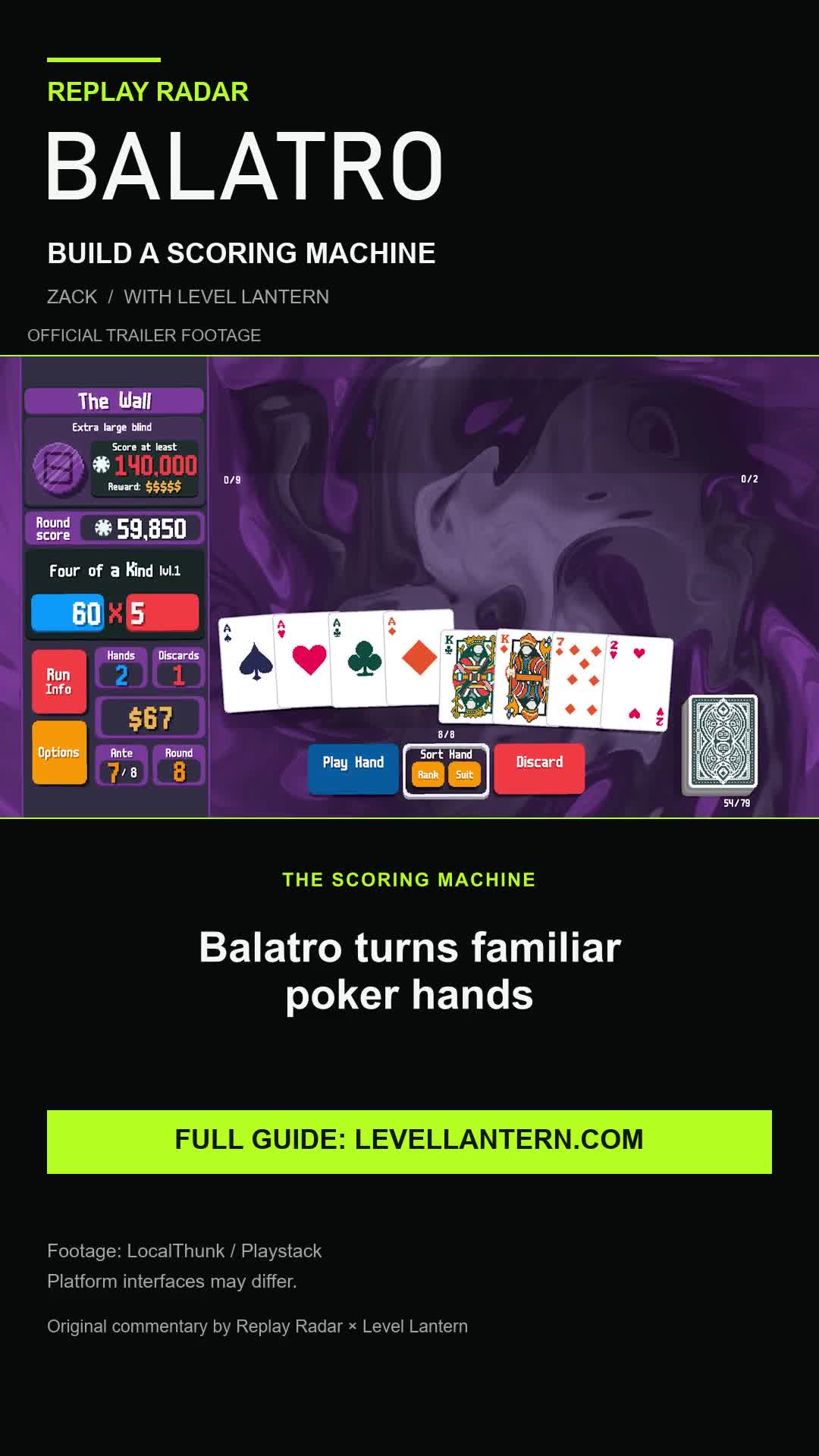 Replay Radar and Level Lantern present a Balatro scoring guide with gameplay footage and captions.